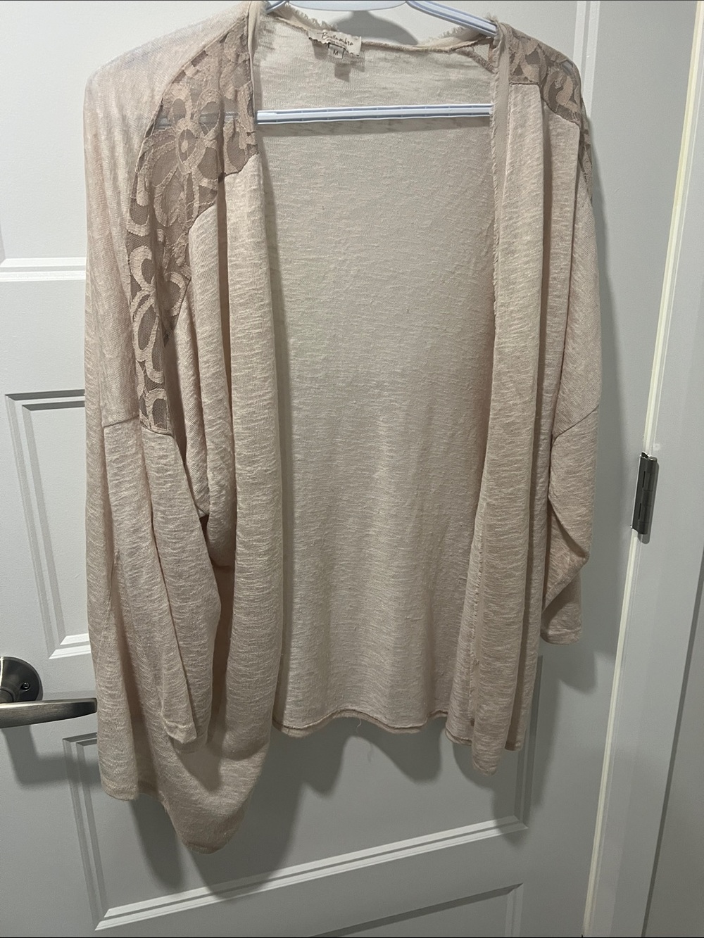 Light Beige Lace-Shoulder Open Cardigan Sweater